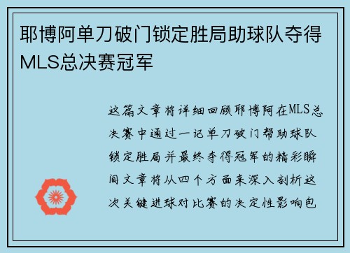 耶博阿单刀破门锁定胜局助球队夺得MLS总决赛冠军 耶博阿单刀破门锁定胜局助球队夺得MLS总决赛冠军